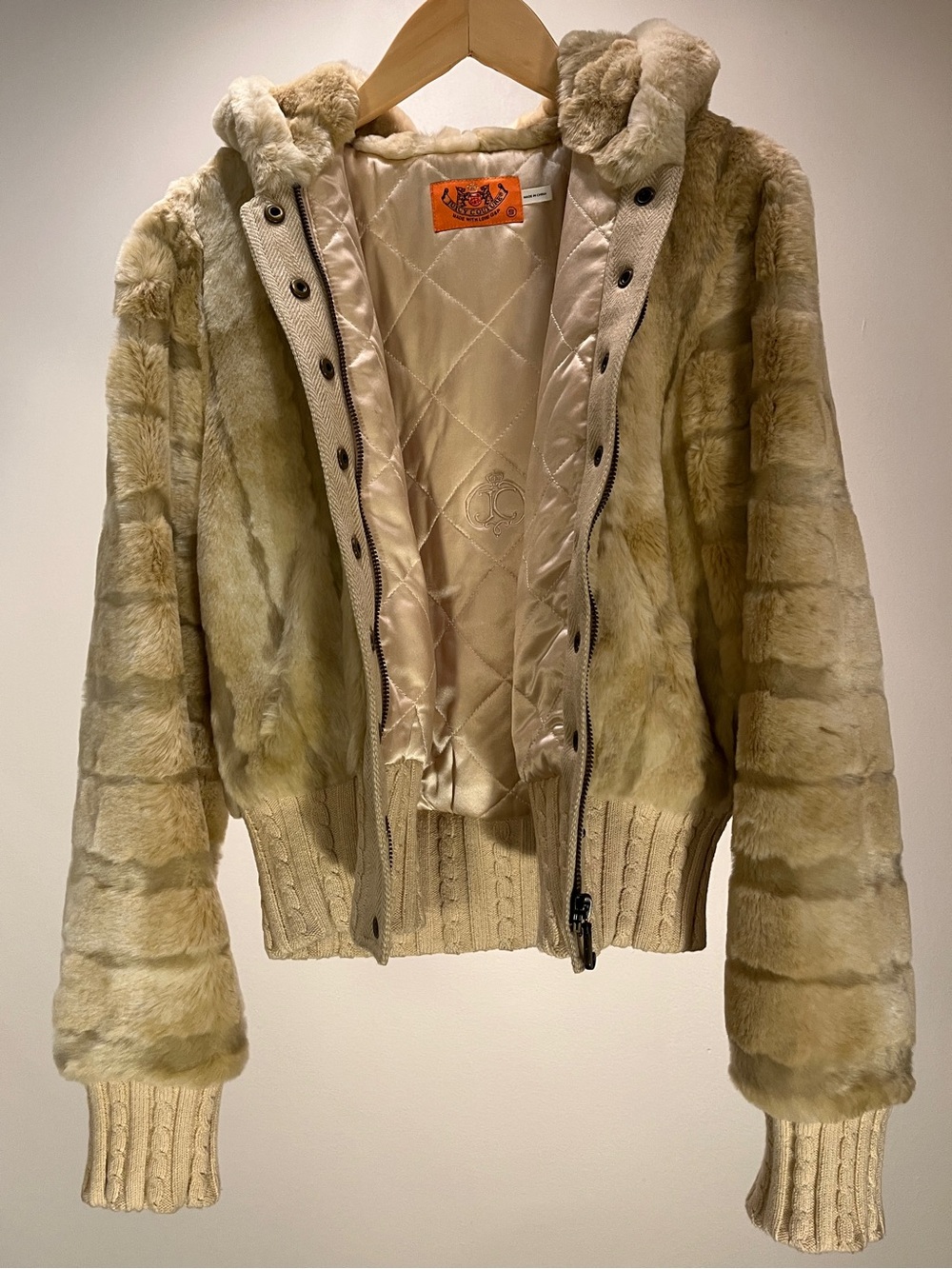 VINTAGE JUICY COUTURE FAUX FUR HOODED BOMBER JACKET SMALL